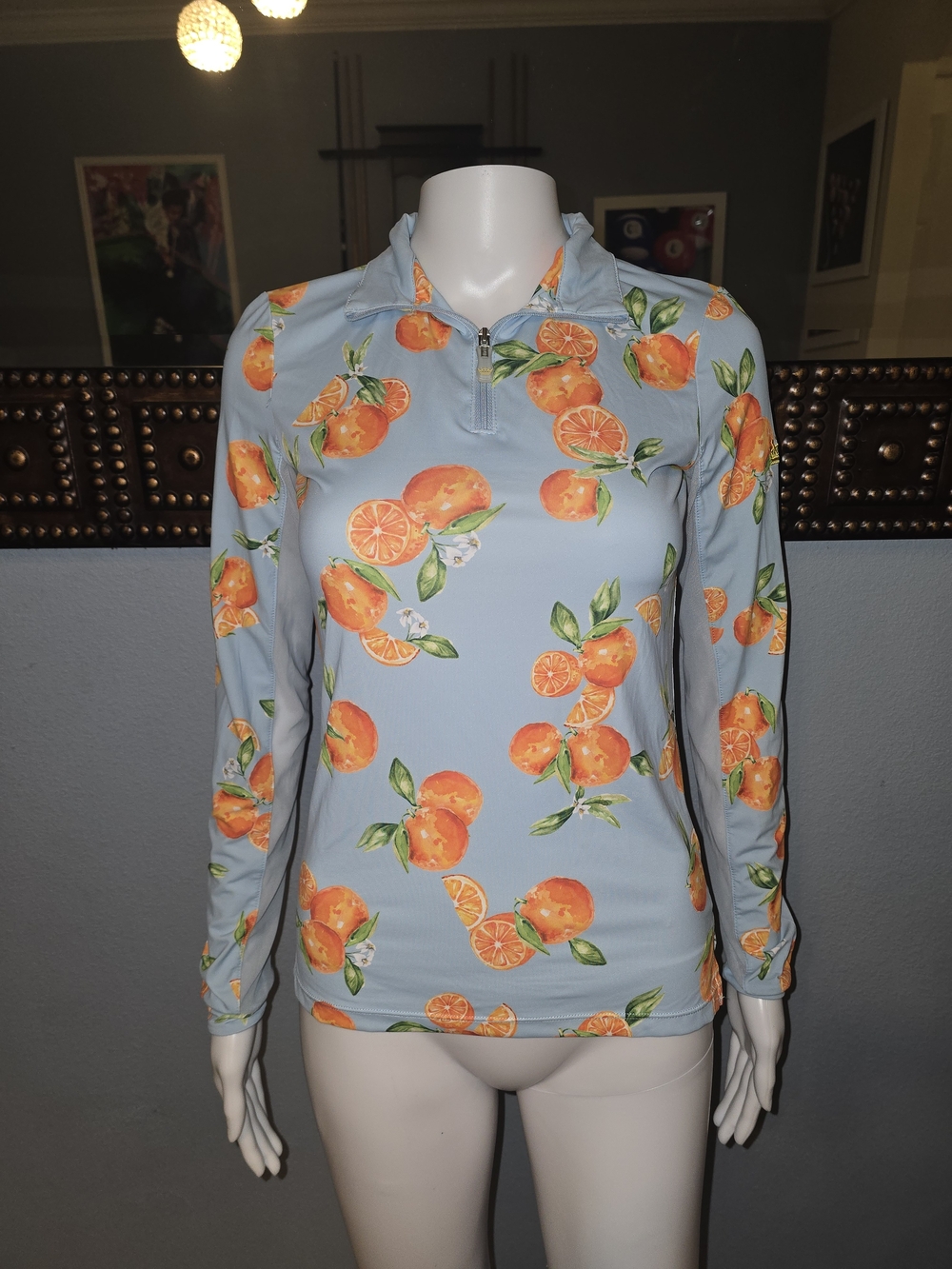 Light Blue Long-Sleeve Half-Zip Polo with Orange Fruit Print